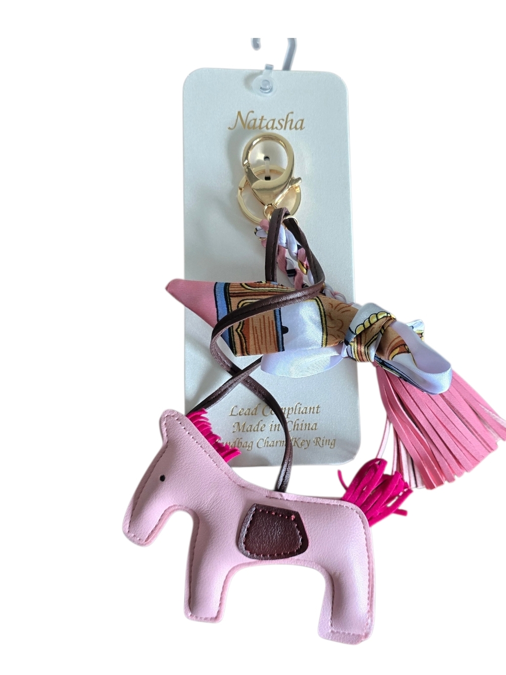 Natasha Couture Pink Pony Bag Charm with Brown Saddle & Gold Ring